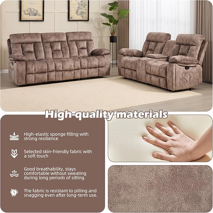 CANMOV Recliner Sofa Set, 3 Seat Recliner Sofa and Manual Loveseat with Overstuffed Armrest, Storage Console,Hidden Cup Holders, for Living Room, Camel-Brown