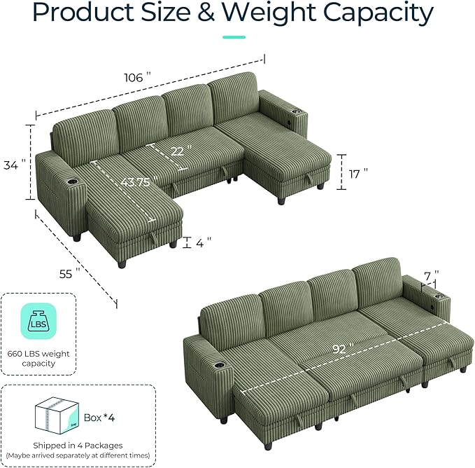 LINSY HOME Sectional Sleeper Sofa Pull Out Couches for Living Room (Green, Sleeper Sofa 3) | Pull Out Sofa Bed, Storage, USB Charging, Cup Holders, Plush Corduroy | Pull Out Sofa Bed, Storage, USB Charging, Cup Holders, Plush Corduroy