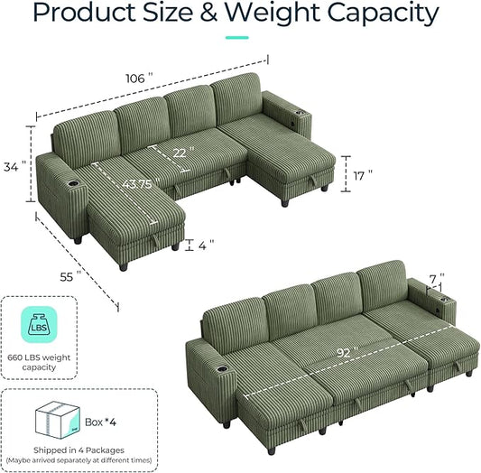 LINSY HOME Sectional Sleeper Sofa Pull Out Couches for Living Room (Green, Sleeper Sofa 3) | Pull Out Sofa Bed, Storage, USB Charging, Cup Holders, Plush Corduroy | Pull Out Sofa Bed, Storage, USB Charging, Cup Holders, Plush Corduroy