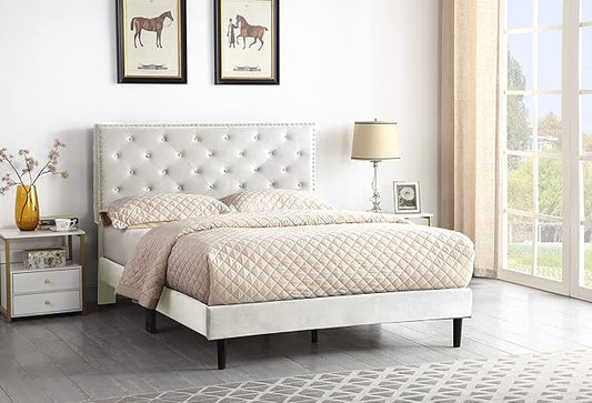Full Upholstered Platform Bed Frame with 48" Tall Adjustable Headboard - Button Tufted Suede Velour Bed- Wood Slat Support with Storage Space- No Box Spring Needed - Beige - OLIVER & SMITH - Princeton