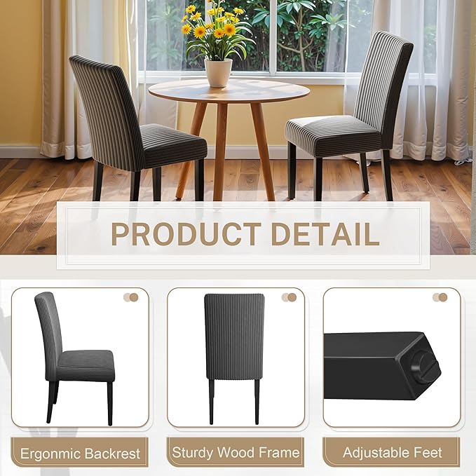 Furmax Ergonomic Dining Chairs Set of 2, Upholstered Fabric Dinning Room Chairs, Velvet Kitchen Chairs with Adjustable Wood Legs for Kitchen Living Room (Velvet Grey, 2)