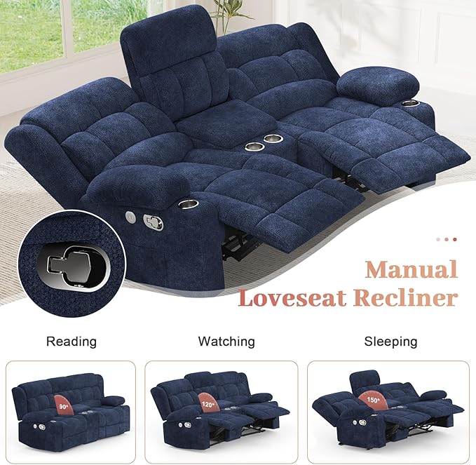 Recliner Sofa Set with 2+1 Pieces, Fabric Manual Pull Tab Reclining Loveseat with Storage Console, Single Recliner Chair for Living Room, RV, Blue