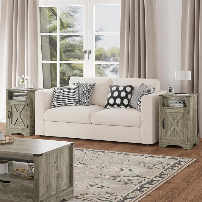 RoyalCraft Set of 1 Farmhouse Nightstand, Grey End Table with Charging Station, Tall Bedside Table with Large Storage Room and Shelf, Wooden Rustic Side Table for Bedroom, Home Office, Light Grey