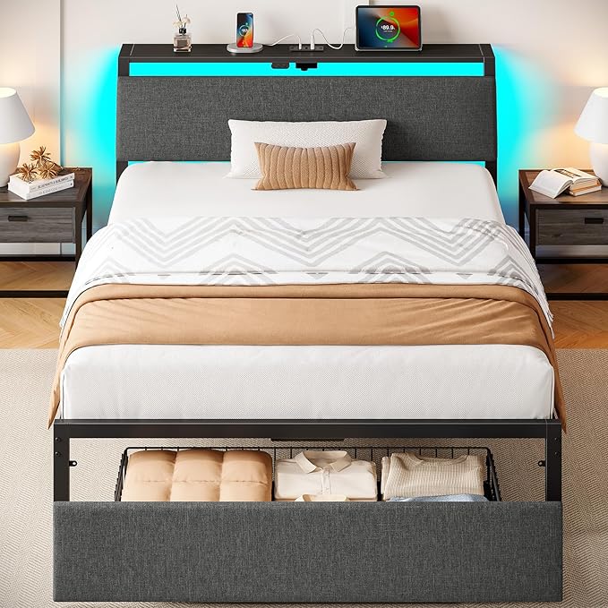 Rolanstar Twin Bed Frame with Ergonomic Headboard Storage & Charging Station, Upholstered Platform Bed with LED Light & Drawer, Heavy Duty Metal Slats, Noise Free, No Box Spring Needed, Grey