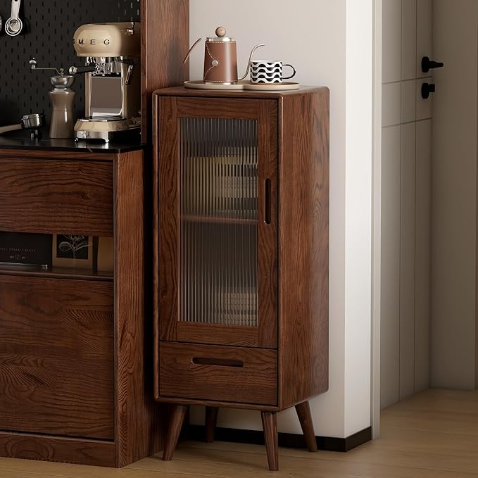 Solid Oak Wood Storage Cabinet, Small Cabinet with 3-Tier Cabinet with 2 Drawers, Pantry Cabinet for Living Room, Kitchen and Dining Room (Walnut, 14.96" W × 12.60" D × 47.24" H)
