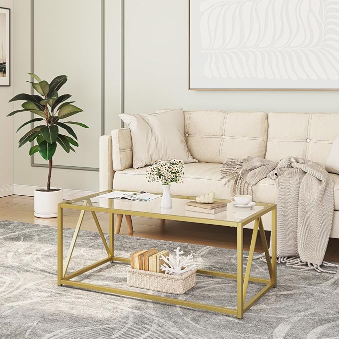 HOOBRO Glass Coffee Table, Gold Coffee Tables for Living Room, Gold Glass Coffee Table,1 Layer Center Table, Modern, for Apartment, Office, 39.4 x 19.7 x 17.7 Inches, Easy Assembly, Golden GD04KF01