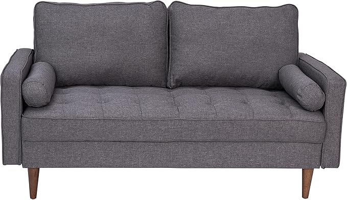 Taylor & Logan Hendrix Tufted Faux Linen Upholstered Mid-Century Modern Loveseat with Solid Wood Legs in Dark Gray