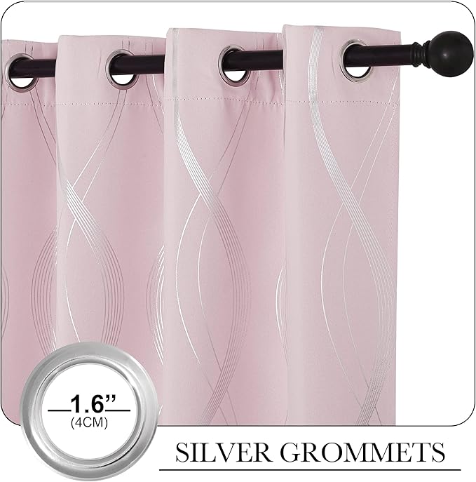 NICETOWN Pink Blackout Curtains Panels for Bedroom, Noise Reducing Thermal Insulated Wave Line Foil Print Design Blackout Curtains for Patio Sliding Glass Door (Lavender Pink, 2 Panels, 52 x 84 Inch)