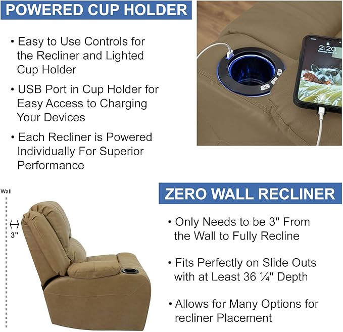 RecPro Charles 64" Powered Recliner RV Sofa with Console and Cupholders | Zero Wall Loveseat for Camper | Wall Hugger Couch with Upgraded 2023 Fabric (Toffee)