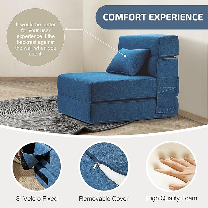 SUYOLS Folding Sofa Bed with Pillow- Convertible Chair Floor Couch & Sleeping Mattress, Foldable Memory Foam Sleeper for Living Room/Dorm/Loft, Single26 Width, Indigo