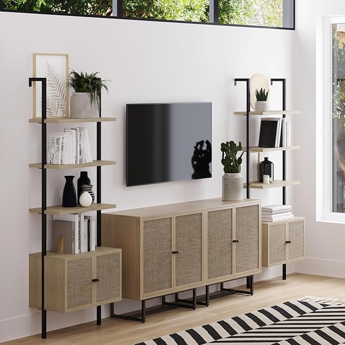 Nathan James Theo Industrial Open Shelf Bookcase with Accent Rattan Drawers Light Oak Wood, Matte Black Frame, Set of 2