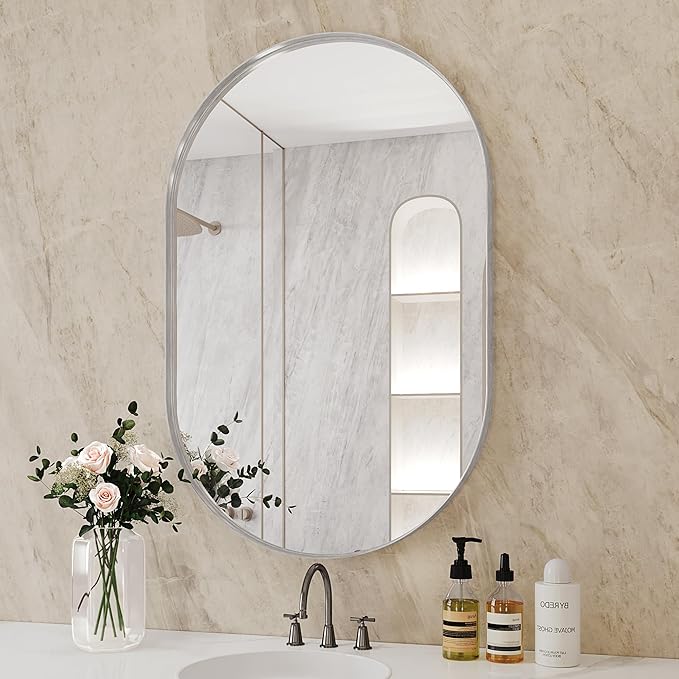 Suidia 26" x 38" Bathroom Mirror, Bathroom Vanity Mirror Metal Framed, Wall-Mounted Mirrors for Bedroom, Living Room, Entryway, Hallway, Silver, Oval Style