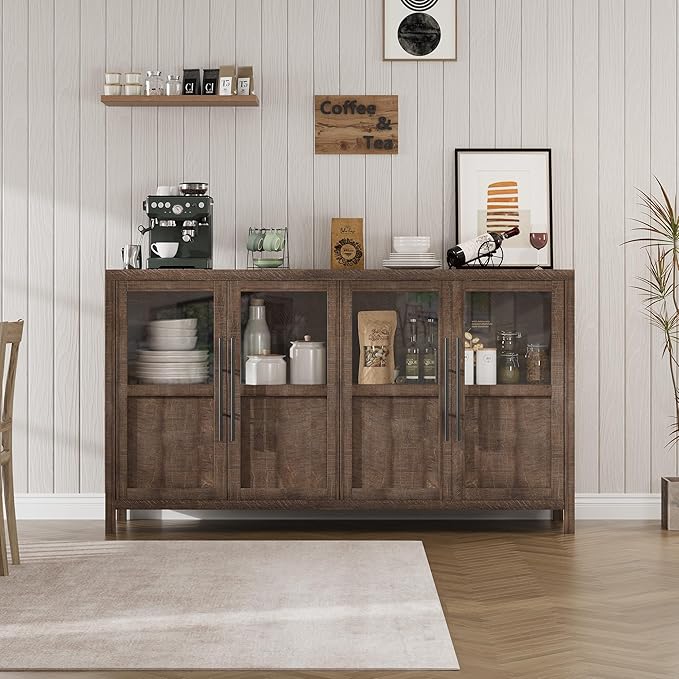 GarveeHome Sideboard Buffet Cabinet with 4 Glass Doors, 55 in Buffet Table Coffee Bar Wine Bar Display Cabinet for Kitchen Dining Room, Living Room (Glass with 4 Doors, Brown)