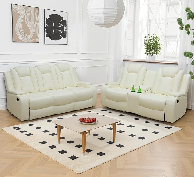 Power Recliner Sofa and Loveseat Set, Breathing Leather Living Room Set, 2 Piece Reclining Couch Set with LED Lighting/Cup Holders/Storage/USB Port (Cream White)