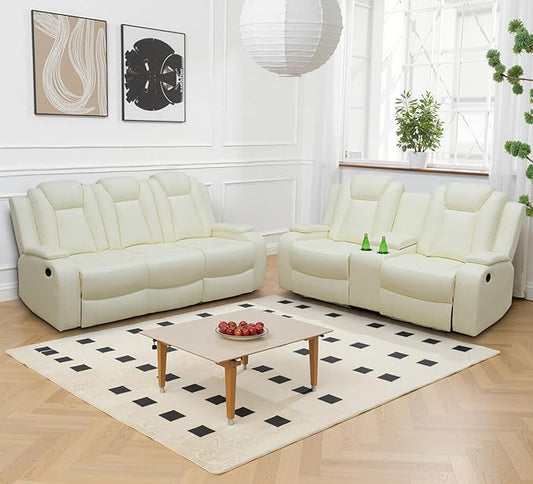 Power Recliner Sofa and Loveseat Set, Breathing Leather Living Room Set, 2 Piece Reclining Couch Set with LED Lighting/Cup Holders/Storage/USB Port (Cream White)