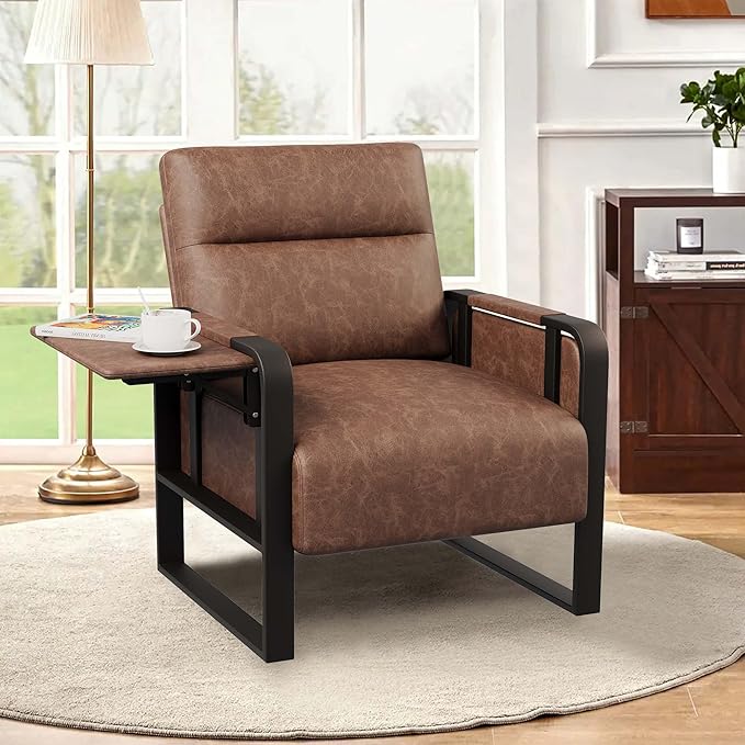 Accent Chair with Foldable Side Table PU Leather Upholstered Armchair for Bedroom Modern Living Room Chairs Office Chair Dark Brown