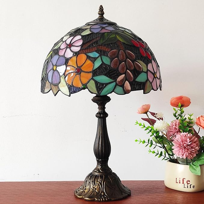 Tiffany 3-Color Stained Glass Lamp - Vintage Beside Reading Lamp, 12 inch Living Room Light, Flowers Style Antique Nightstand Light (Grapes Flowers)