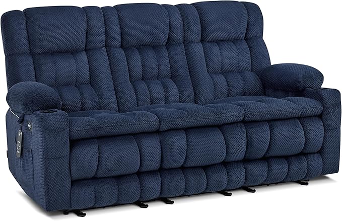 MCombo 80.7" W 3 Seater Power Reclining Sofa with Heat and Vibration Massage, Zero Gravity Recliner Sofa Couch for Living Room, Fabric 6316M3 (Navy Blue, 3-Seater)