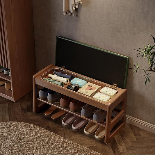 AQIMUELE Shoe Rack Bench,2 Tiers Shoe Bench with Storage with Flip-Top,Wood Shoe Rack for Entryway,Hallway（Green Upholstered Seat）