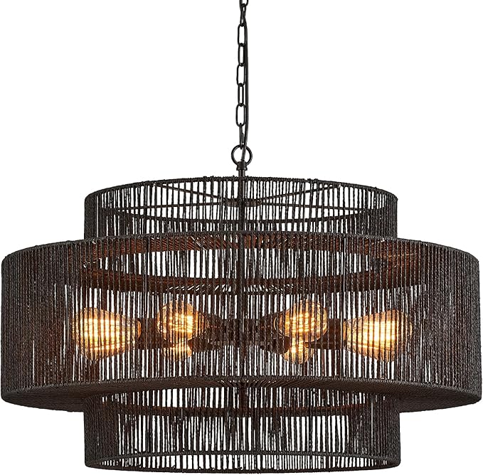 30" Large Hand-Woven Rattan 8-Light Farmhouse Boho Bamboo Chandeliers Light Fixture Retro 3-Tier Drum Wicker Rattan Black Chandelier for Dining Room, Kitchen Island, Bedroom