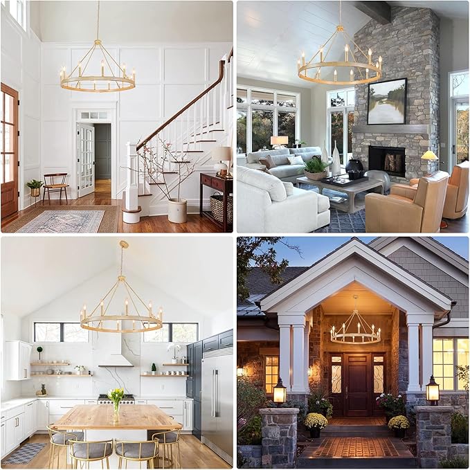 Gold Wagon Wheel Chandelier 37.4 inch, 12-Light Large Round Industrial Gold Farmhouse Chandeliers for High Ceilings Dining Room Living Room Foyer Entryway Outdoor Porch