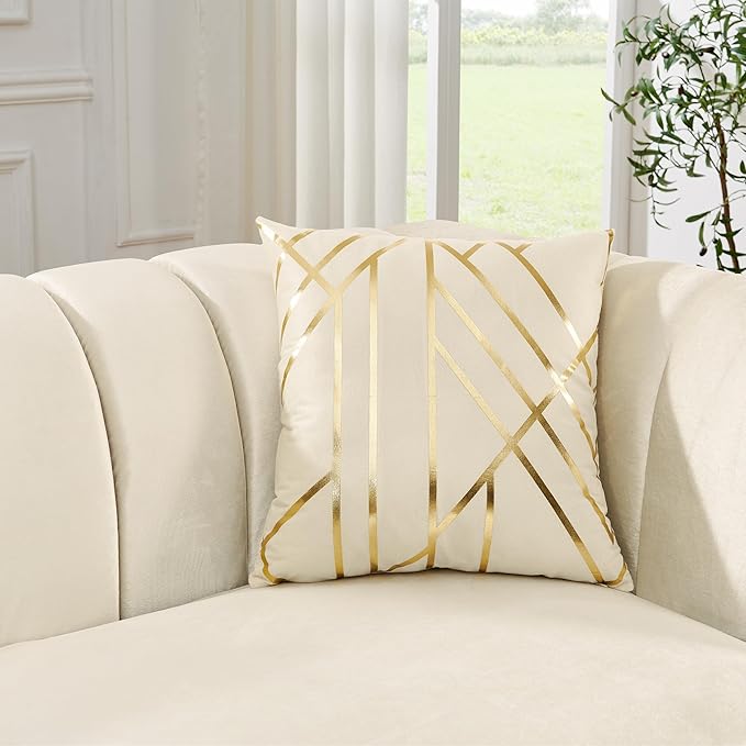 KEIKI 81" Luxury Oversized Velvet Chesterfield Sofa with 2 Pillow & Gold Stainless Decoration, Mid-Century Style 3-Seater Button Tufted Couch with Square Arms, Easy Assembly, for Living Room, Beige