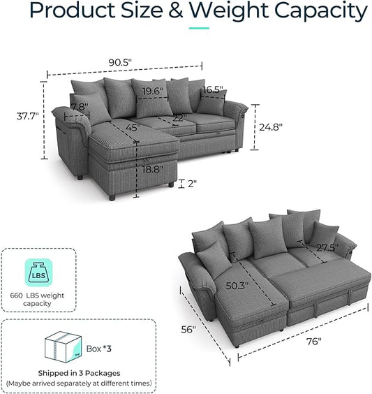 LINSY HOME 90.5'' Sectional Sleeper Sofa with Pull Out Couch Bed Modular (Gray, 90.5'') | USB Charging, Pillow-style Armrest, Multiple Cushions, Storage Chaise, Corduroy Fabric