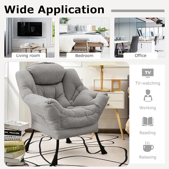 Giantex Lazy Chair, Modern Sherpa Accent Chair w/Steel Frame, Upholstered Single Sofa Chair w/Armrests & Side Pocket, Leisure Reading Lounge Chair for Living Room, Bedroom, Office, Dorm (Gray)