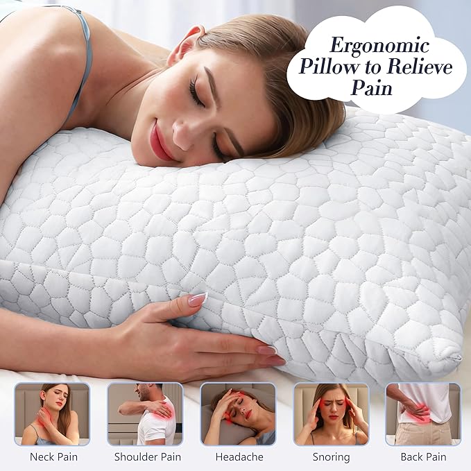 Yettbea Adjustable Shredded Memory Foam Pillows Standard Size Set of 2, Luxury Cooling Bamboo Rayon Pillow w/Washable Zippered Cover, Soft or Firm Support Bed Pillow for Side, Back, Stomach Sleeper