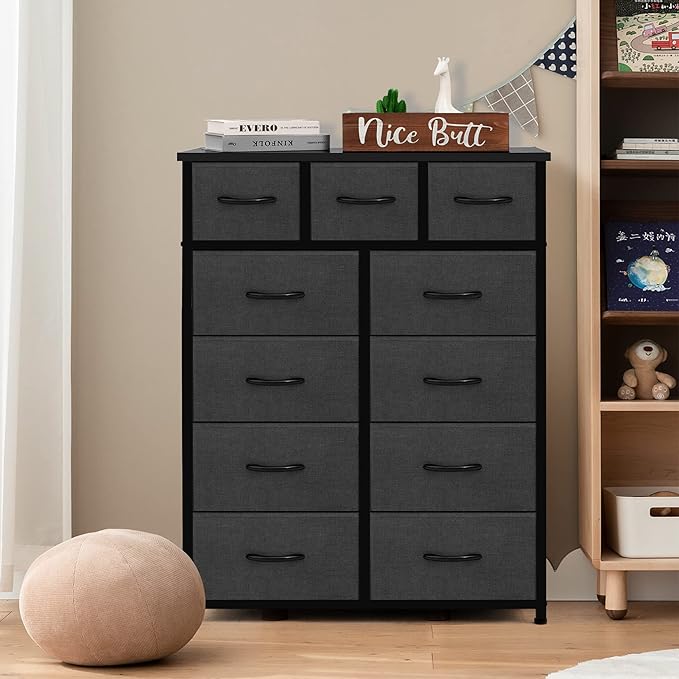 AZL1 Life Concept 11-Drawer Dresser, Fabric Storage Tower for Bedroom, Living Room, Large Tall Dressers for Bedroom with Wooden Top and Metal Frame, Bedroom Dressers & Chests of Drawers, Dark Grey