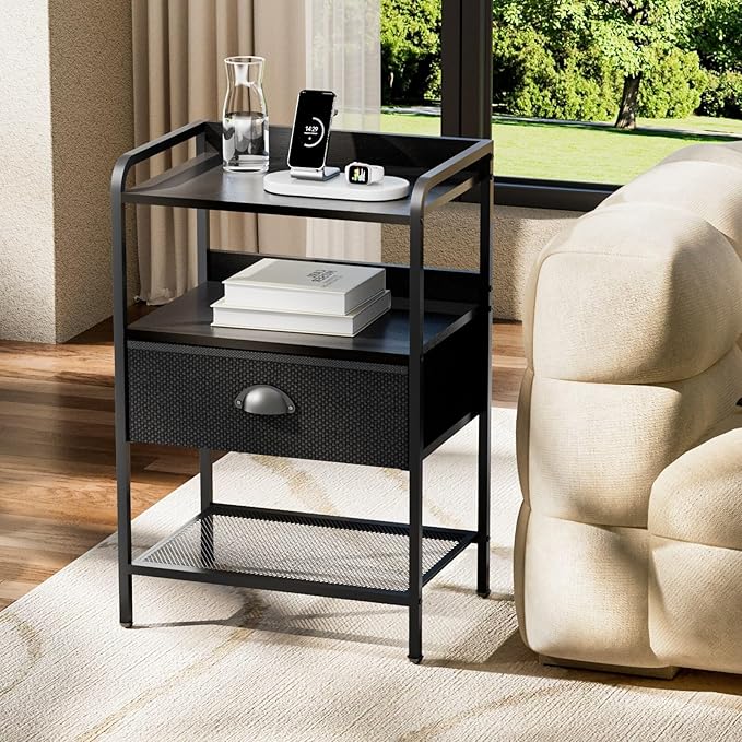 Night Stand with 1 Fabric Drawer and Sturdy Metal Frame, Modern Bedside Table Lightweight & Durable -55LB Load Capacity, Wear-Resistant & Easy-Clean Surface, Black