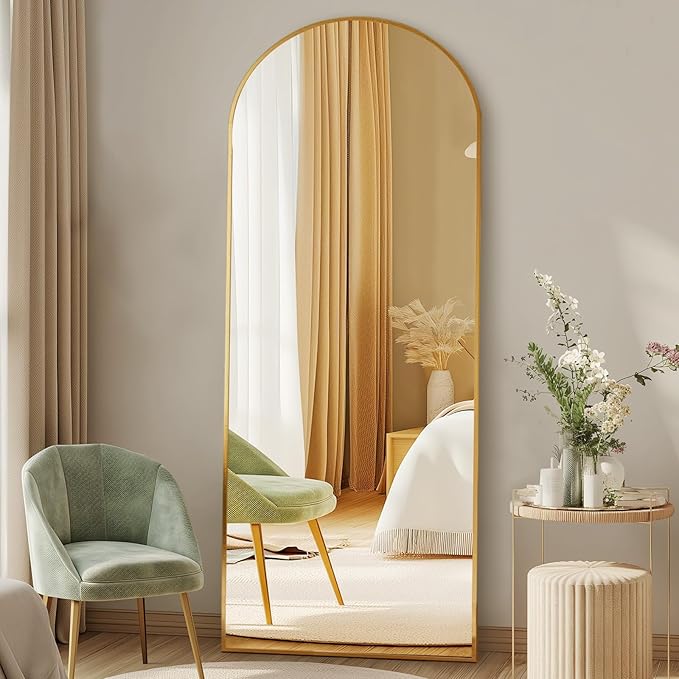 DUMOS Arched Full Length Mirror with Stand Floor Free Standing Aluminum Frame for Bedroom Body Hanging Leaning Modern Simple Home Decor Shatter-proorf Nano Glass Wall Gold 58"x19"