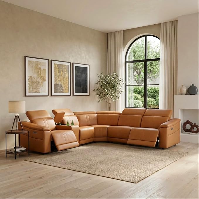 Breathing Leather Recliner Sectional Sofa, 5-Seat Reclining Sectional Couch with Adjustable Headrest&Storage Console, L Shaped Leather Couch with Dual Recliner for Living Room (Light Brown)