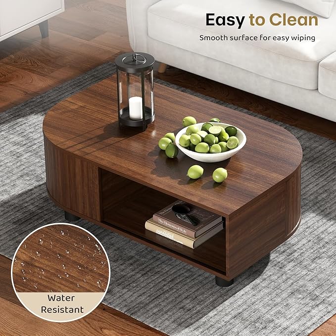 Mid-Century Modern 39.4" Coffee Table - Leaf-Shaped Wood Center Table with Storage, Retro Fluted Central Table with Sliding Door for Living Room, Office, Walnut