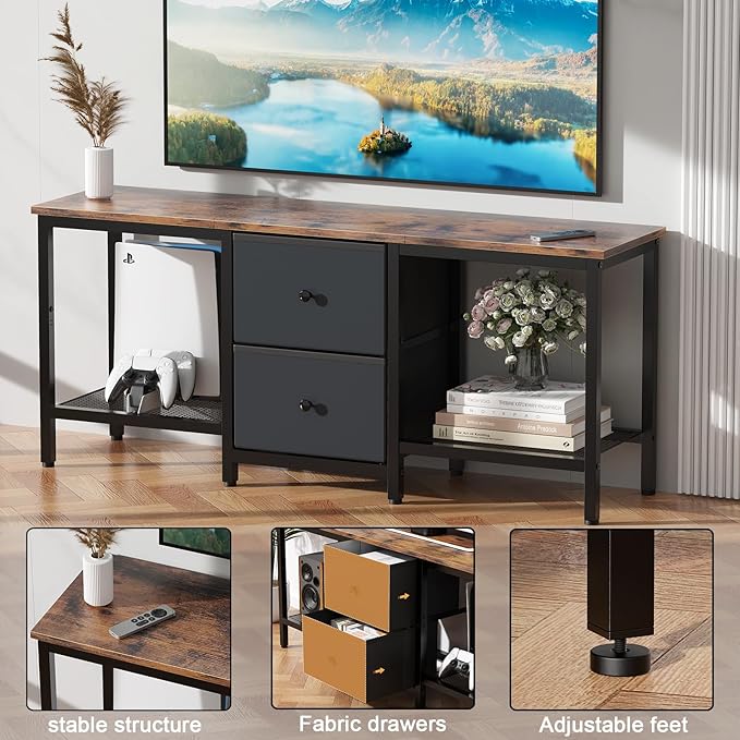 TV Stand Suitable for TVs up to 55 Inches, Entertainment Center with Storage Drawers and Shelves, Media Console Table for Living Room and Bedroom (Brown Black)