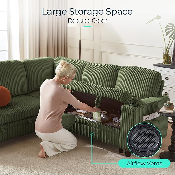 LINSY HOME Sectional Sleeper Sofa Pull Out Couches for Living Room (Green, Sleeper Sofa 4) | Pull Out Sofa Bed, Storage, USB Charging, Cup Holders, Plush Corduroy | Pull Out Sofa Bed, Storage, USB Charging, Cup Holders, Plush Corduroy, Convertible Sofa...