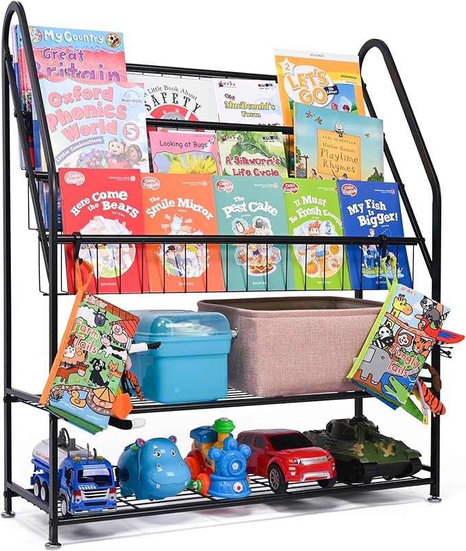 Bookshelf for Kids, Metal Kids Bookshelf, 5 Tier Kids Book Shelf and Toy Storage, Bookcase for Kids Room, Kids Book Storage for Bed Room Living Room (Large, Black)
