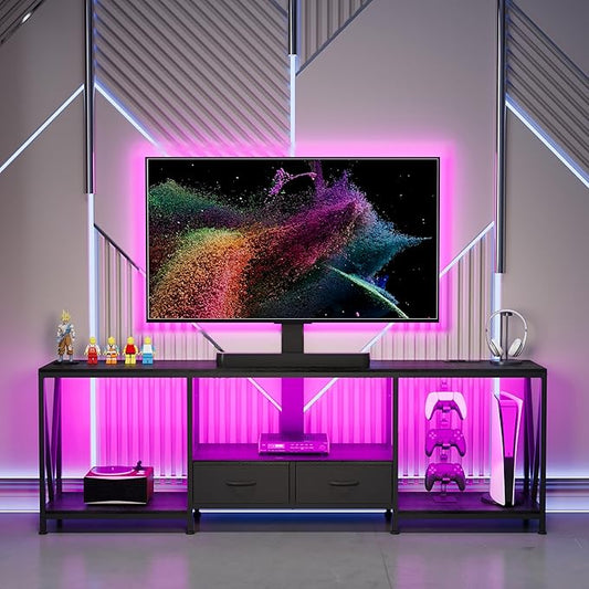 63" W TV Stand with Mount for 50,55,65,75" TV,Entertainment Center with Power Outlet and Led Lights,Height Adjustable TV Console Table with Open Storage Shelves and Fabric Drawers (Black)