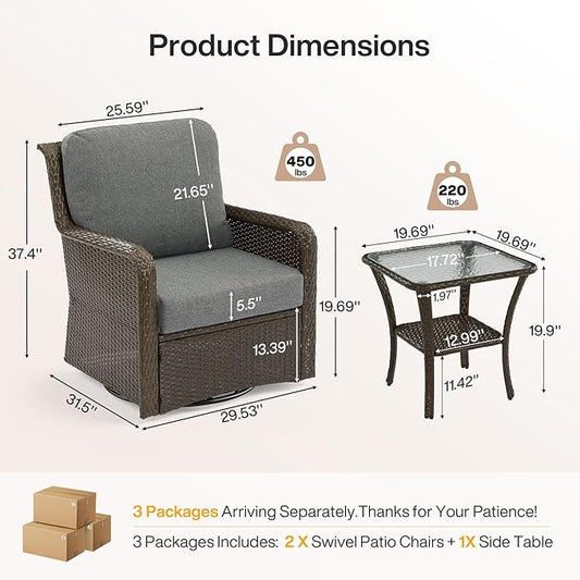 Tribesigns Outdoor Wicker Swivel Chairs, 3-Piece Outdoor Patio Furniture Set, Patio Bistro Sets with Tempered Glass Side Table, for Balcony, Porch - Brown Wicker