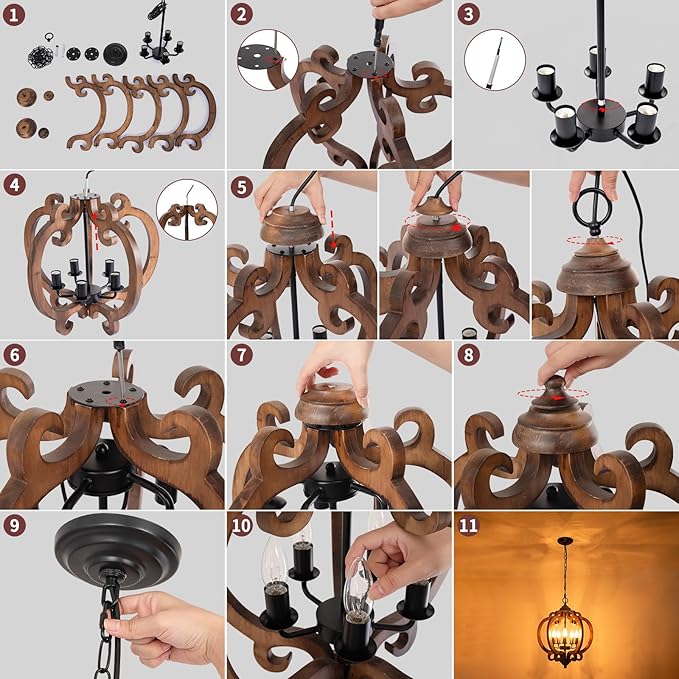 17.72'' Farmhouse Wood Chandelier, 5-Light Rustic Dining Room Light Fixture, Farmhouse Hanging Pendant Lighting, Vintage Orb Chandeliers for Kitchen Island Foyer Living Room Bedroom