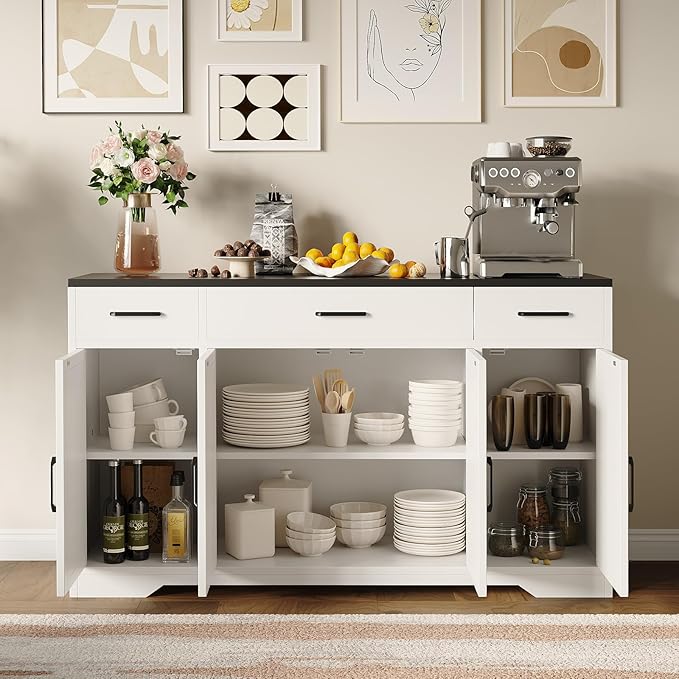 GAOMON Buffet Cabinet with Drawers, 55inch Wood Coffee Bar Large Sideboard Buffet Storage Cabinet with Shelves and Doors for Kitchen Dining Living Room, White/Black