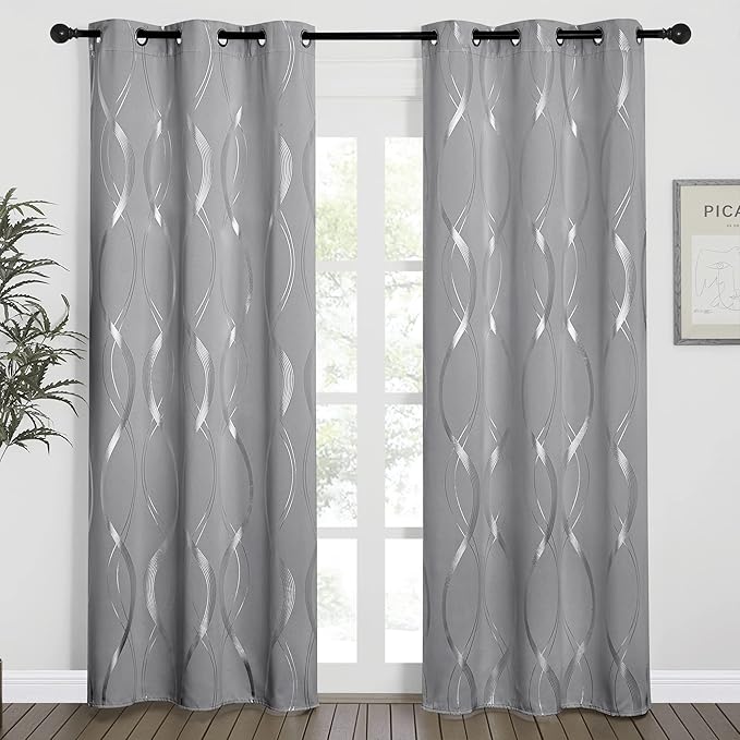 NICETOWN Blackout Curtains 84 inches Long, Microfiber Noise Reducing Thermal Insulated Wave Line Foil Print Design Blackout Curtains for Patio Sliding Glass Door (Silver Grey, 2 Panels, 42 x 84 Inch)