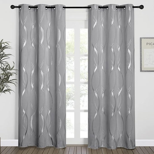 NICETOWN Blackout Curtains 84 inches Long, Microfiber Noise Reducing Thermal Insulated Wave Line Foil Print Design Blackout Curtains for Patio Sliding Glass Door (Silver Grey, 2 Panels, 42 x 84 Inch)