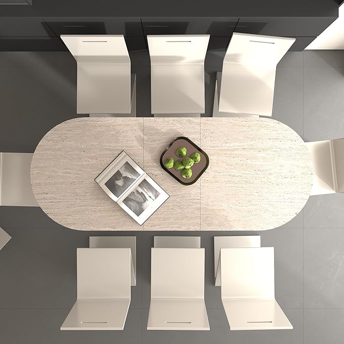 KEIKI 63"-78.7" Extendable Oval Kitchen Dining Table for 4-8 People, Modern Farmhouse Wood Strip Base with Veined Travertine Pattern, Large Dining Room Table for Living Room, Beige