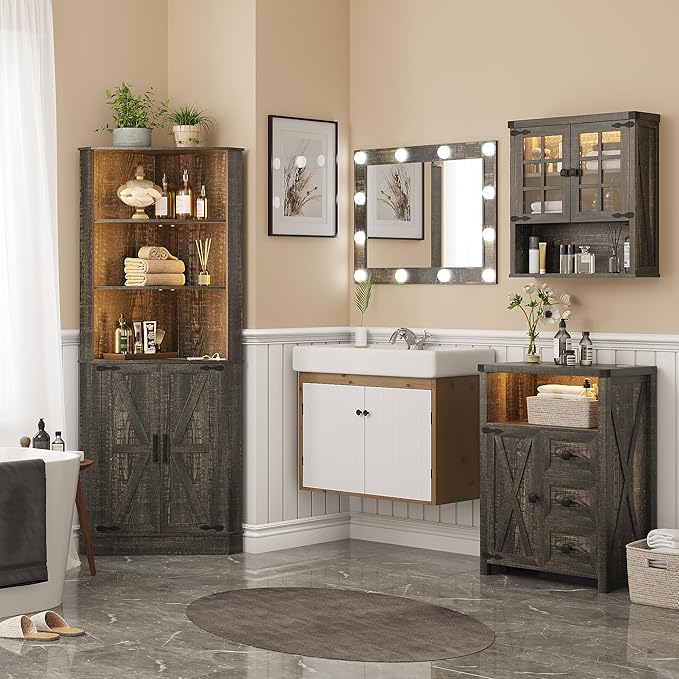 Farmhouse Corner Cabinet with LED Light, 67" Tall Bathroom Cabinet with 2 Doors and 3 Tier Shelves, Free Standing Corner Storage Cabinet for Living Room or Kitchen, Rustic Brown
