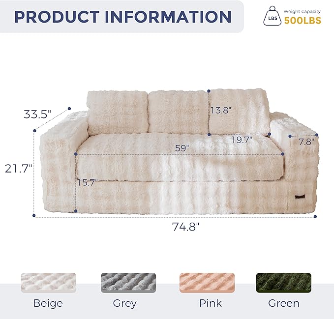 MAXYOYO 3 Seater Sofa for Living Room, Tufted Boneless Couch Bubbled Sofa Couch, Comfy Bean Bag Chair for Bedroom Apartment, No Assembly Needed, Beige