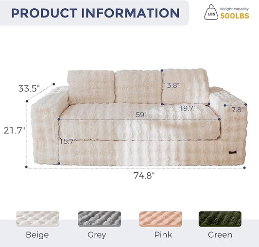 MAXYOYO 3 Seater Sofa for Living Room, Tufted Boneless Couch Bubbled Sofa Couch, Comfy Bean Bag Chair for Bedroom Apartment, No Assembly Needed, Beige