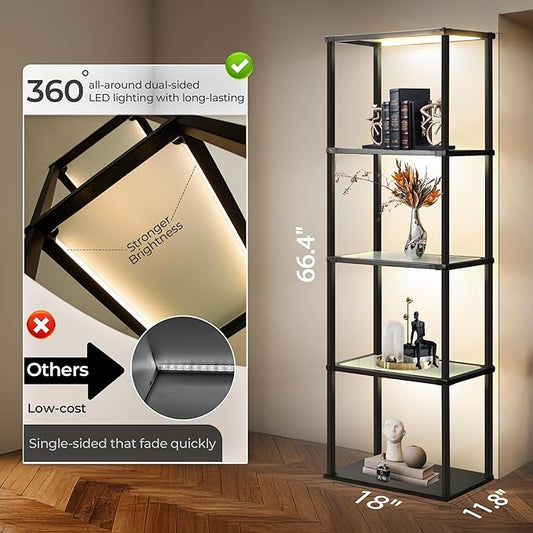 Tall Display Shelf Floor Lamp, Dimmable LED lamp with 3 Color Temperatures, Sturdy Glass Curio Cabinet Bookcase with Remote Control, Floor Lamp with Shelves for Living Room Decor, Collectibles (Black)