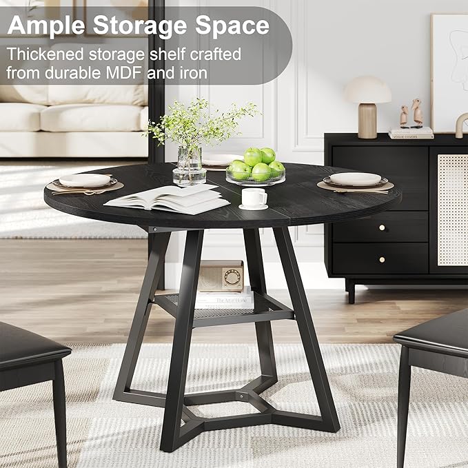 Round Dining Table for 4, Kitchen Tables Dining Room Circle Dinner Table with Pedestal Metal Frame, Space Saving Wood Industrial Kitchen & Dining Room Tables, Black 43In