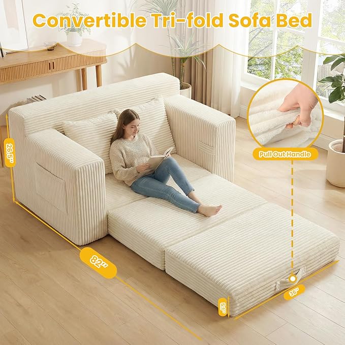 Boneless Couch,Boneless Loveseat Sleeper Sofa Bed – 3-in-1 Convertible Couch Bed with Side Pockets & Handle,Pull Out Corduroy Futon for Small Space,Living Room & Bedroom,2 Pillows Included,No Assembly